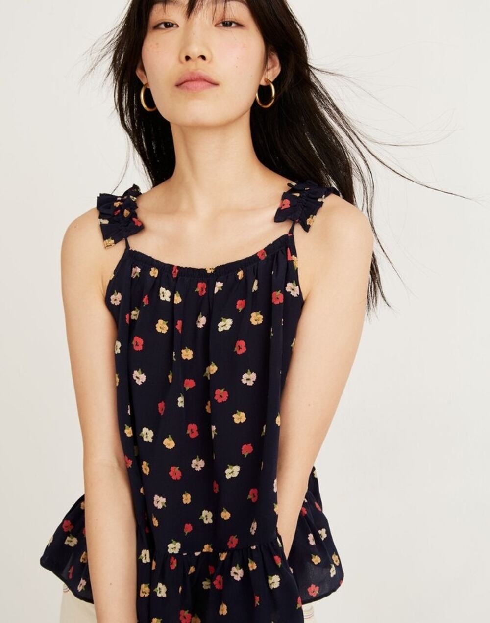 Madewell Silk Floral Ruffle Strap Cami Top Navy Blue Petite Size 14